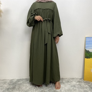 6694# Latest Dress Wrinkle Crepe Loose Sleeves Crew Neck Pleated Classy Women Dress With Back Zipper With Side Pockets and Belt - Product Image 2