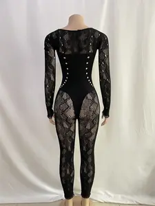 New Design Best Selling Products 2023 1 Piece Bodycon Hollow Out Long Sleeve Sexy Jumpsuit