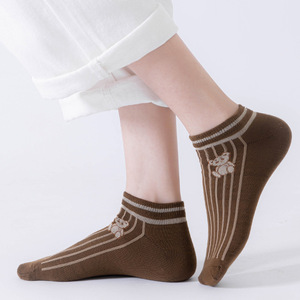 <b>Teddy</b> <b>Bear</b> Ankle Socks For Women Breathable Sweat Absorbing Casual Wear Light Beige Striped Design With Cartoon <b>Pattern</b> - Product Image 3