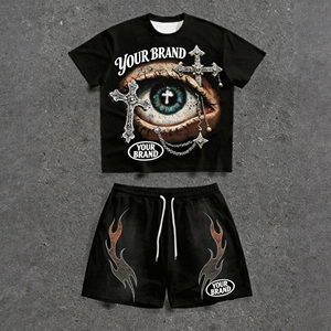 Ensemble streetwear deux pièces pour homme, personnalisé OEM, style Y2K, en coton, avec short à grands imprimés et blocs de couleur, et t-shirt oversize - Product Image 2