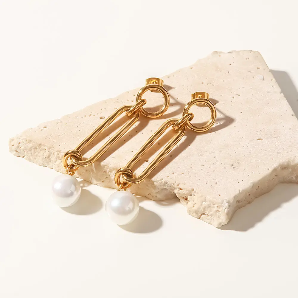 Hanpai Women Fashion 18k Gold Plated Earrings Stud Chain Earring Pearl Earrings Stainless Steel