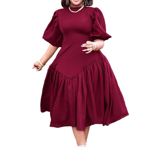 Nuovi abiti a pieghe con maniche a mezza sbuffo alla moda moda donna Plus Size elegante abito Midi arricciato Casual - Product Image 1
