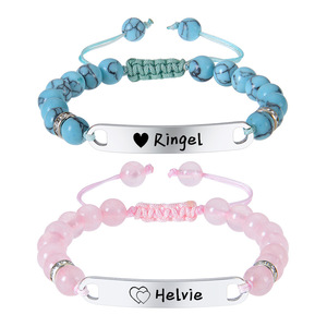 Bracelets pour enfants en acier inoxydable cristal rose naturel pierre turquoise plaque à la mode lettrage bracelets pour bébés à la mode - Product Image 1