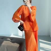 Miyake pantalon plissé à jambes larges Boutique de luxe haut à manches à volants décontracté ample col rond élégant 2 pièces ensemble robes pour femmes
