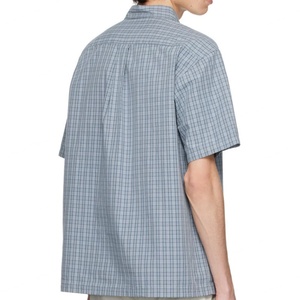 Tendency Spread Collar Oversize Short Sleeve Shirts 100% Cotton Poplin Blue & Khaki Plaid Shirt for Men's - Product Image 6