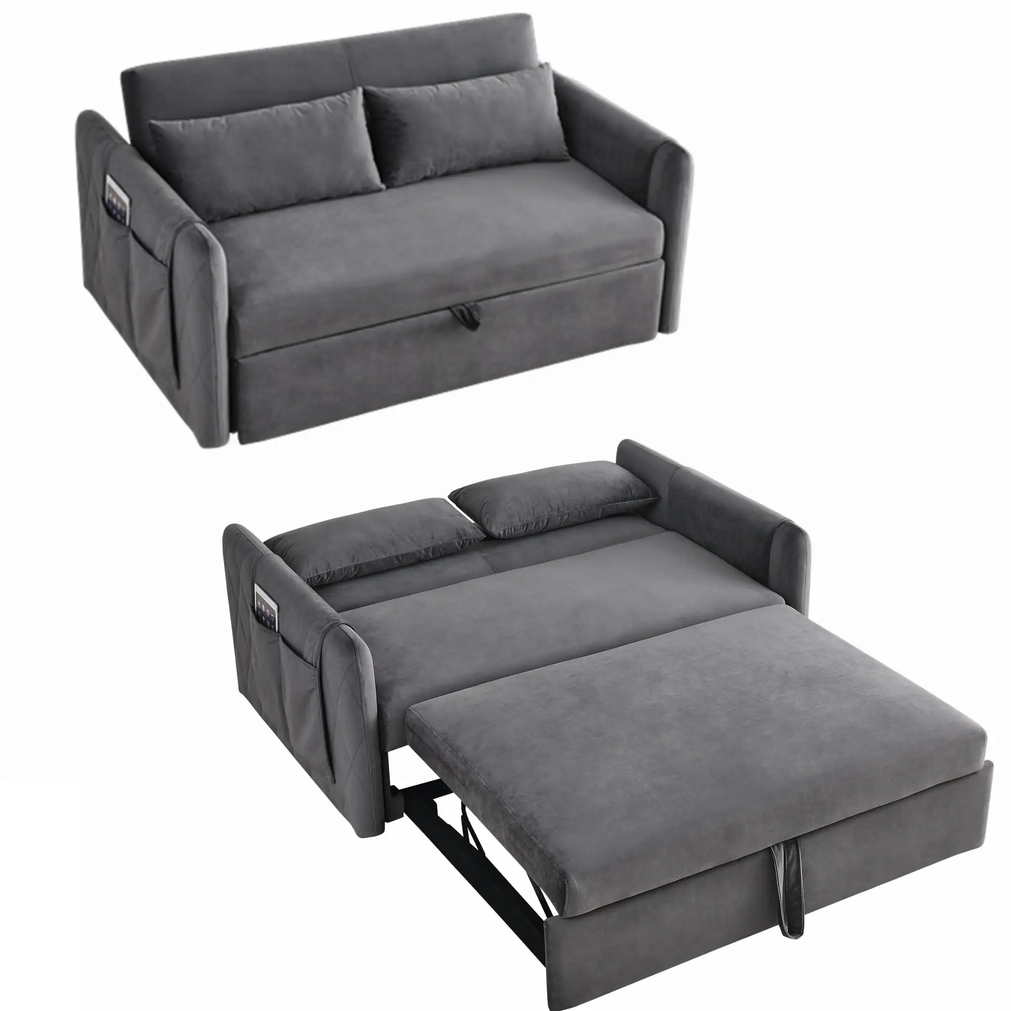Haute qualité 2 palves tissu gris double salon mécanisme pliant canapé sofa cum lits ensemble meubles pour la maison avec sto