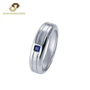 Simple Design Men Ring in 925 Sterling Silver Mens Wedding Rings with Blue Sapphire