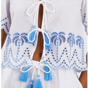 Conjunto de Dos Piezas de Lino Casual para Mujer, Estilo Nuevo y Moderno, Camiseta Sexy de Manga Corta, Pantalones Cortos hasta la Rodilla, Bordado, Lona Sólida - Product Image 2