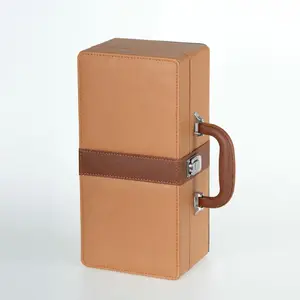 Caixa de madeira para armazenamento artesanal com logotipo personalizado em couro marrom escuro com tampa deslizante para pacote de presente caixa de vinho tinto