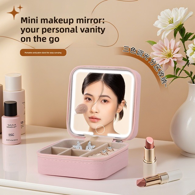 Mini Makeup Case Travel-Friendly Portable Touch-Up Smart LED Cosmetic Mirror Multi-Functional Vanity Mirror ABS Glass