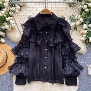 Camicetta francese a maniche lunghe con <span class=keywords><strong>volant</strong></span> da donna, <span class=keywords><strong>top</strong></span> versatile primaverile trasparente con bottoni - Product Image 6