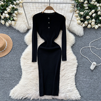 Robe midi moulante en maille noire à manches longues pour femme, col rond, boutons décoratifs, coupe ajustée, vêtements décontractés pour le quotidien