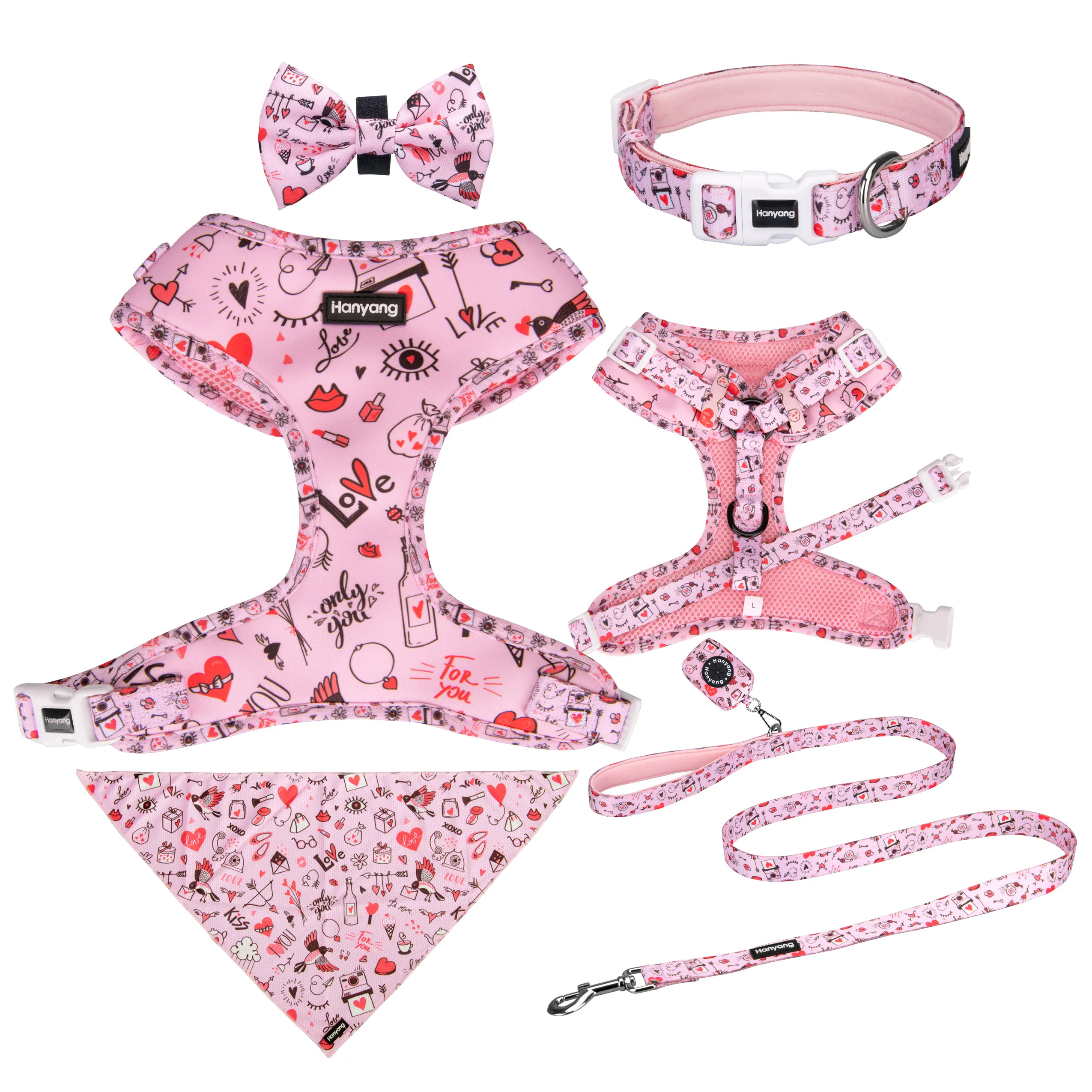 OEM Custom Pet Supplies Dog Collar Leash Pet Bow Tie Poop Bag Wholesale Neoprene Custom Neck Adjustable Dog Harness Set