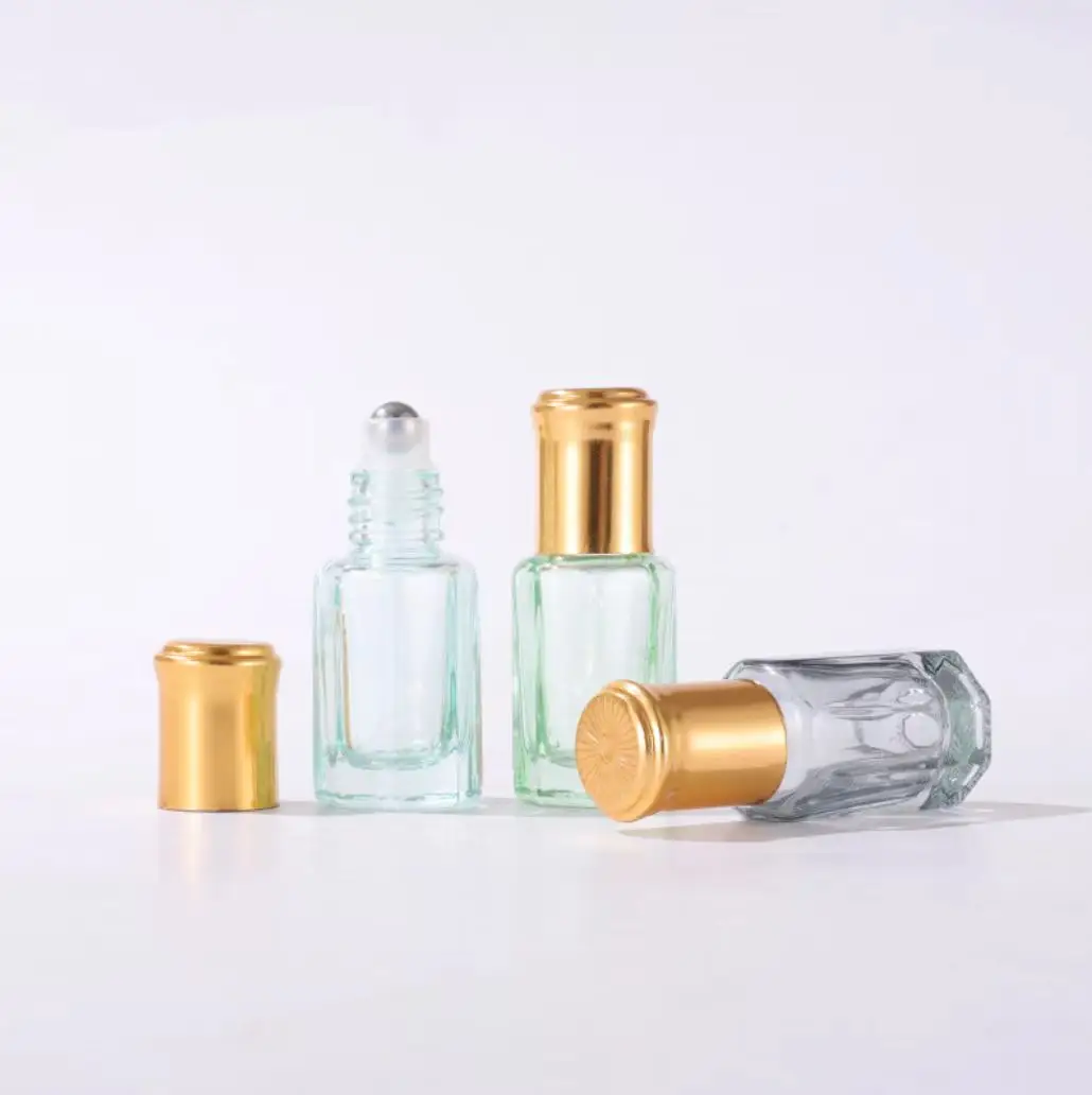 Botella de rodillo de aceite esencial de oro rosa, 6Ml, 3Ml, 12Ml, suero personalizado octogonal attar, botella de vidrio