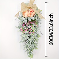 Guirlande artificielle de pivoines en forme de goutte d'eau avec nœud en toile de jute et feuilles d'oreille de mouton, décoration florale pour porte d'entrée ou murale de printemps