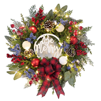 Vorbeleuchteter Künstlicher Weihnachtskranz mit Tannenzapfen, Schleife, Beeren und Blumen für Haustür, Wand und Feiertagsdekoration