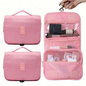 Pochette en maille polyester grande capacité avec logo et design personnalisés, à suspendre pour voyage, trousse de maquillage, fermeture éclair – Vente chaude - Product Image 1