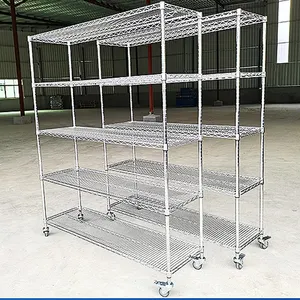 4 Layers Adjustable Rolling Storage Shelves Wire Rack Warehouse Metal Wheels Shelving Home Chrome Wire Shelving