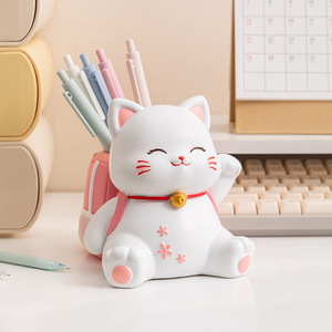 Figurine de <span class=keywords><strong>chat</strong></span> porte-bonheur en résine faite à la main, <span class=keywords><strong>Maneki</strong></span> <span class=keywords><strong>Neko</strong></span>, porte-pinceaux de maquillage, organisateur de bureau, cadeau pour filles, décoration de la maison et du bureau - Product Image 4