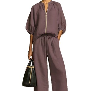 Ensemble décontracté pour femme, couleur unie, col rond zippé, pantalon large, tailles XS S M L XL XXL XXXL 4XL 5XL - Product Image 5