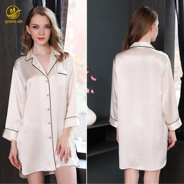 Best Seller Sumptuous Modern Simple Solid Color Real Silk Ladies Pajama Long Sleeves Custom 6A Grade Mulberry Silk Sleep Dress