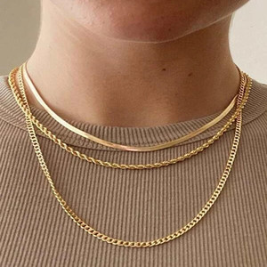 Collana a Catena Piatta Stratificata con Maglie Intrecciate per Donna, Gioielli Minimalisti alla Moda - Product Image 1