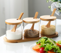 Ensemble de pots à épices en verre et bambou, salière et poivrière avec plateau et cuillère, boîte de rangement pour épices avec couvercle