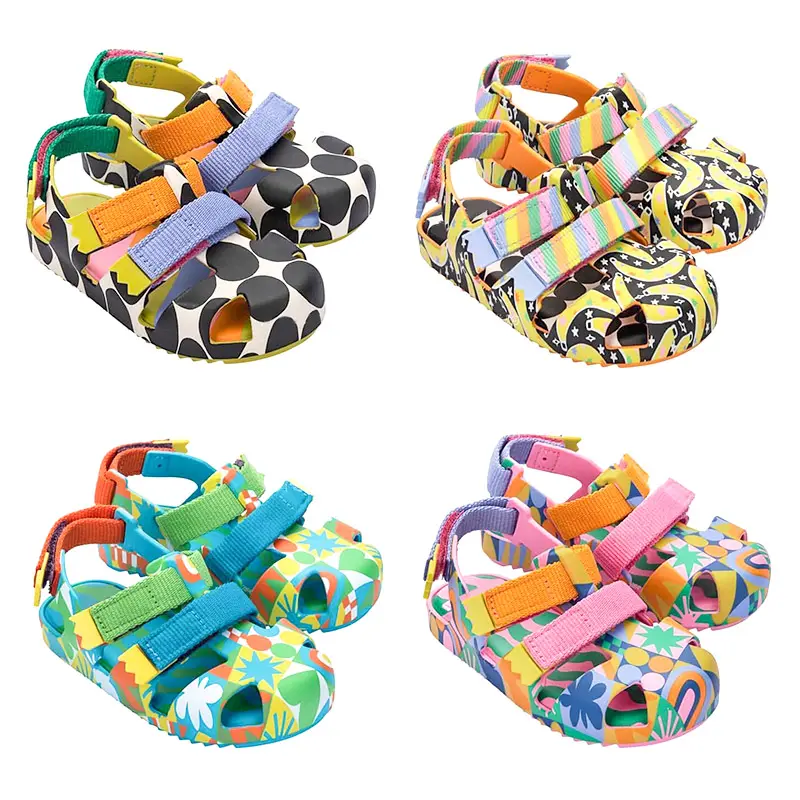 Verão Baby Boy Unique Print Jelly Sandal For Kids Outdoor Tecido Straps Girl Fabula Praia Colorido Calçados infantis