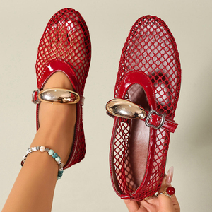 Chaussures plates d'été pour femmes, style ballerines, avec design en maille de pêche, fermeture à enfiler, boucle tendance, semelle intérieure en caoutchouc souple effet poupée - Product Image 4