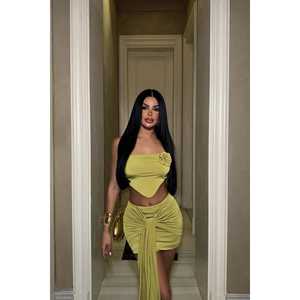 Ensemble jupe en tweed vert olive décontracté pour l'automne, haut court ajusté et pantalon en coton tissé, avec tissu tricoté brodé au niveau du genou - Product Image 5