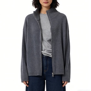 Cardigan zippé côtelé oversize pour femme, col montant, coupe ample, style décontracté, tendance - Product Image 3