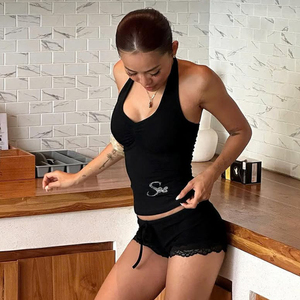 Conjunto de punto sencillo con cuello halter: shorts por encima de la rodilla con cordón y camisola de dos piezas para ropa casual de primavera/verano - Product Image 5