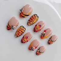 Uñas Postizas Acrílicas de Estilo Francés con Pegamento, Diseños Predefinidos, 10 Piezas, Forma de Almendra