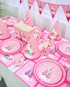 Unicornio Rosa Baby Shower niña suministros <span class=keywords><strong>de</strong></span> fiesta <span class=keywords><strong>de</strong></span> cumpleaños juego <span class=keywords><strong>de</strong></span> vajilla desechable platos <span class=keywords><strong>de</strong></span> papel vasos servilletas pajitas sombreros banderas Decoración - Product Image 2