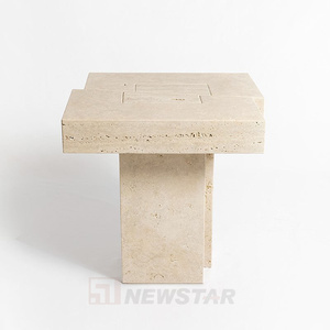 Newstar Buff Tables d'appoint en marbre à dessus rond Table d'appoint de canapé en marbre naturel Table d'appoint en travertin - Product Image 3