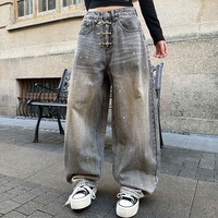 Pantalon en jean rétro déchiré style urbain - Pantalon ample à jambe large avec boutons style avion et effet encre, unisexe