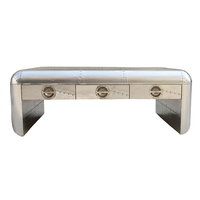 Table basse en bois massif, série aviateur, miroir, aluminium, métal, avec 3 tiroirs