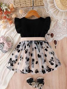 Vestito Estivo Elegante per <span class=keywords><strong>Bambina</strong></span> 0-3 Anni, Nuovo Design con Collo Tondo, Maniche a Volant e Fiocco, in Rete Cucita - Product Image 2