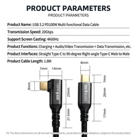 Kabel Data USB-C 3.2 Gen 2 Male ke Type-C Elbow Male, Pengisian Cepat 100W, Transmisi 10Gbps, Transfer Audio 4K untuk Ponsel