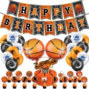 Set balon dekorasi pesta tema basket, Set atasan kue spanduk basket pesta ulang tahun anak laki-laki olahraga