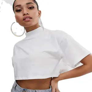 Haut court en coton uni blanc Haut Femme Col roulé Épaules tombantes Femmes Crop Top