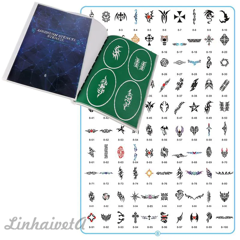 LinhaivetA – livre de tatouage temporaire adhésif, 8 pinceaux à Air, aérographe d'art corporel, pochoir