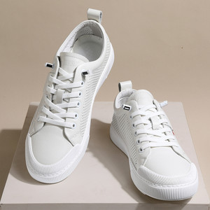 White Hollow-out Men's <b>Sneakers</b> Top Layer Cowhide <b>Leather</b> Breathable Low Heel EVA Midsole Rubber Outsole Daily Wear - Product Image 1