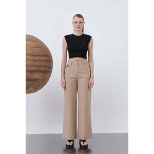 กางเกงขายาวผ้าแคนวาสทรงขาบานเอวสูงสำหรับผู้หญิง สีเบจ ระบายอากาศได้ดี มีกระเป๋า - Product Image 3