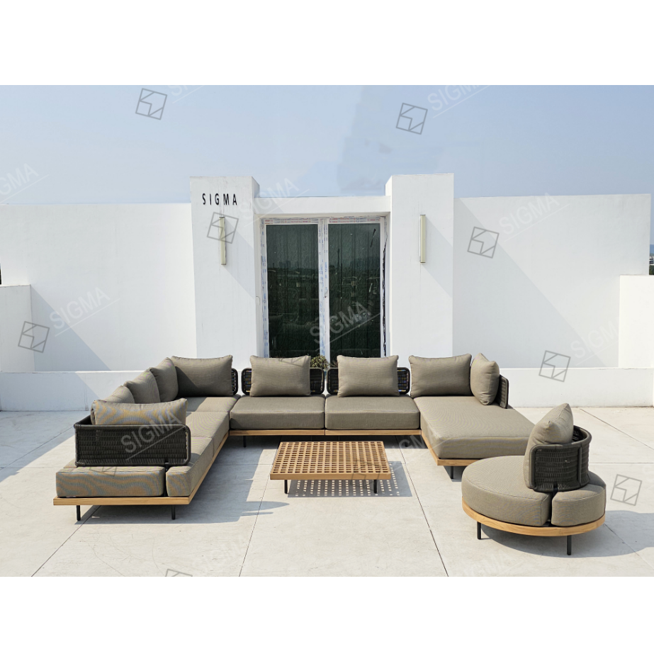 Customized Modular Garden Furniture All Weather Patio Couch Water Resistant Teak Wood Outdoor Teak Modular Rattan Sofa