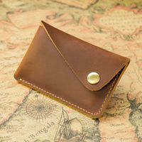 Dompet Mini Kulit Asli Buatan Tangan Vintage Crazy Horse dengan Kancing Penutup, Tempat Kartu Kredit/ID Kecil, Unisex