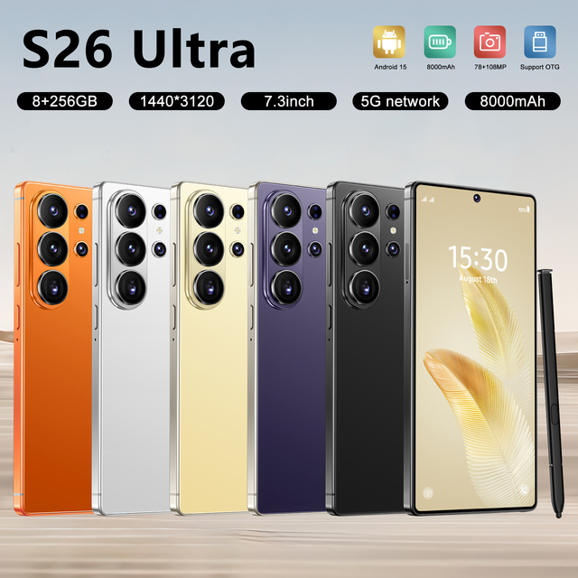 2026 New S26 Ultra 5G Smartphone Large Screen AMOLED 120Hz 7000mAh Battery Dual SIM Android French/German/Spanish/English