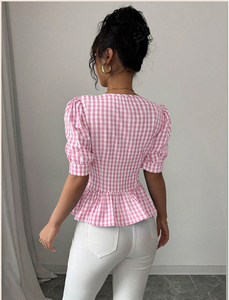 Blusa Ligera y Fluida de Manga Corta con Cuello Asimétrico y Estampado a Cuadros para Mujer, en Tela de Polialgodón, para Uso Casual en Todas las Temporadas - Product Image 2