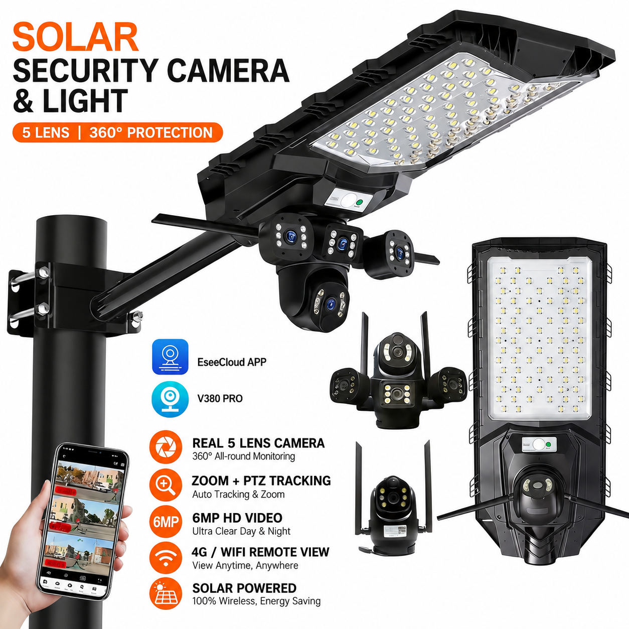 6MP Real Triple Lens V380 4G <strong>Solar</strong> PTZ <strong>AI</strong> Security <strong>Camera</strong> with Motion Sensor for Garden IP65 Rated 2-Year Warranty