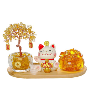 Ensemble cadeau de décoration pour la maison : Arbre à argent en cristal jaune et bassin au trésor, motif Chat porte-bonheur - Product Image 5